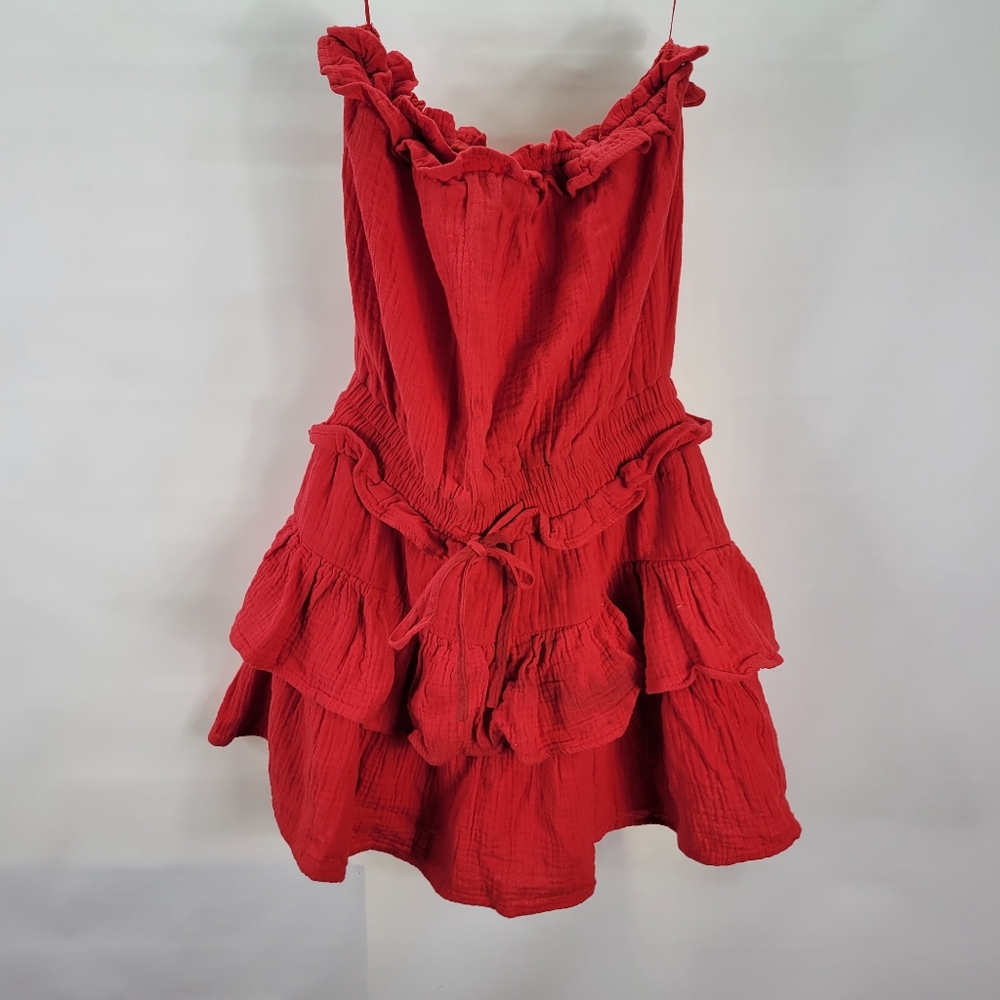 NWT Sewn +Seen Strapless Cotton Red Romper Size Med Someone may have stepped on